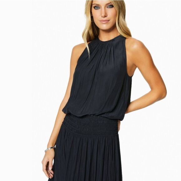 NWT Ramy Brook Audrey Sleeveless Halter Drop Waist Midi Dress Black size Large - Picture 2 of 12